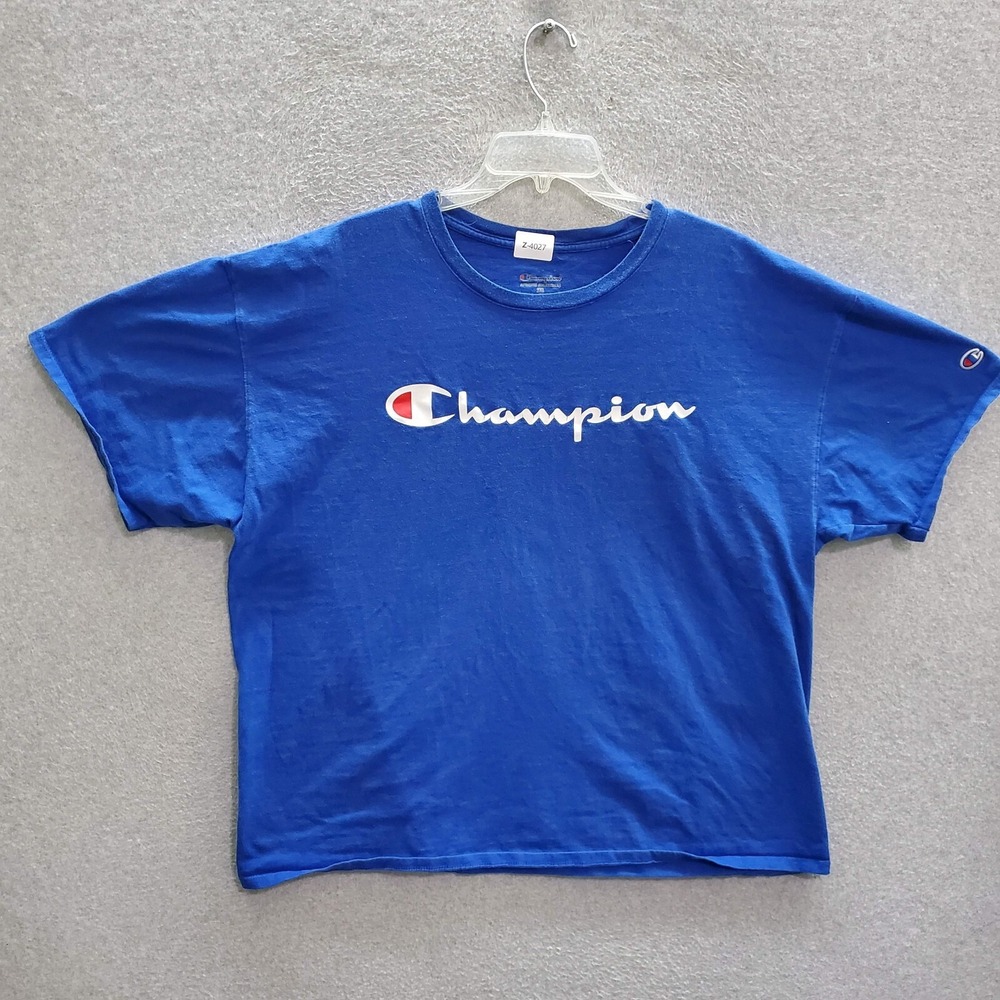 Champion Men T-Shirt 2XL Blue Logo Spellout Short Sleeve Adult‎ Tee Pullover